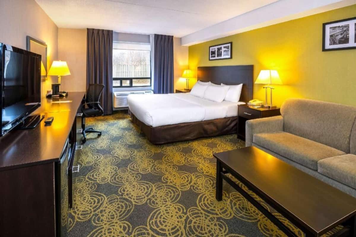 A hotel room with a bed, a sofa, a desk with a TV, and a window with curtains.