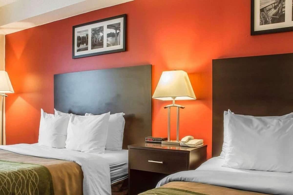 A hotel room with two beds, a nightstand with a lamp, a framed picture on the wall, and a telephone.