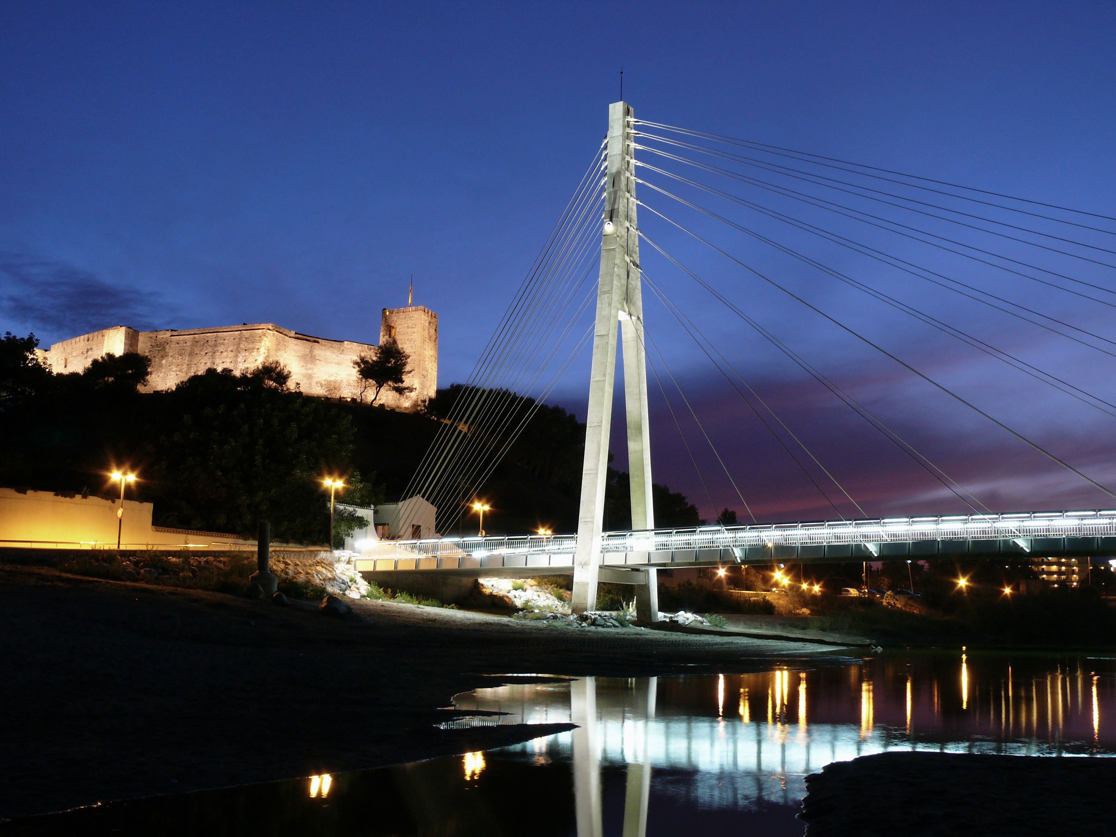 A bridge with a tall central tower and cables extending from it, a body of water in the foreground, and a historic building in the background.