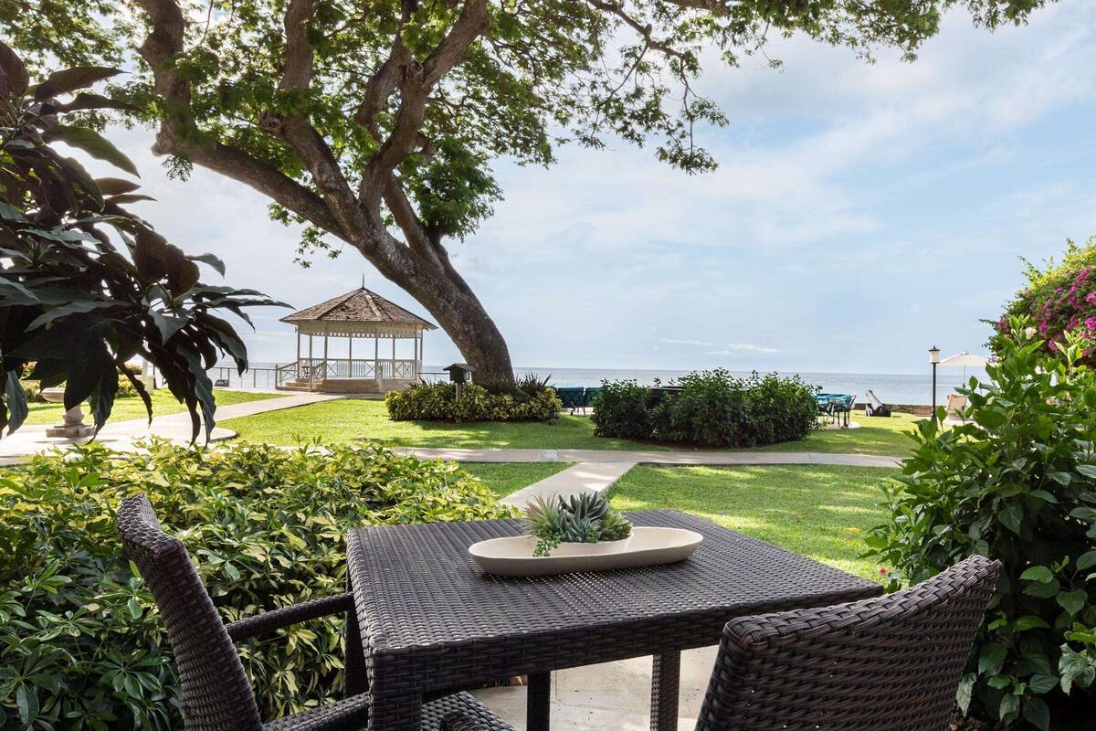 Un espace extérieur aménagé avec des meubles en osier, une petite table agrémentée d’une plante et une vue sur la mer.