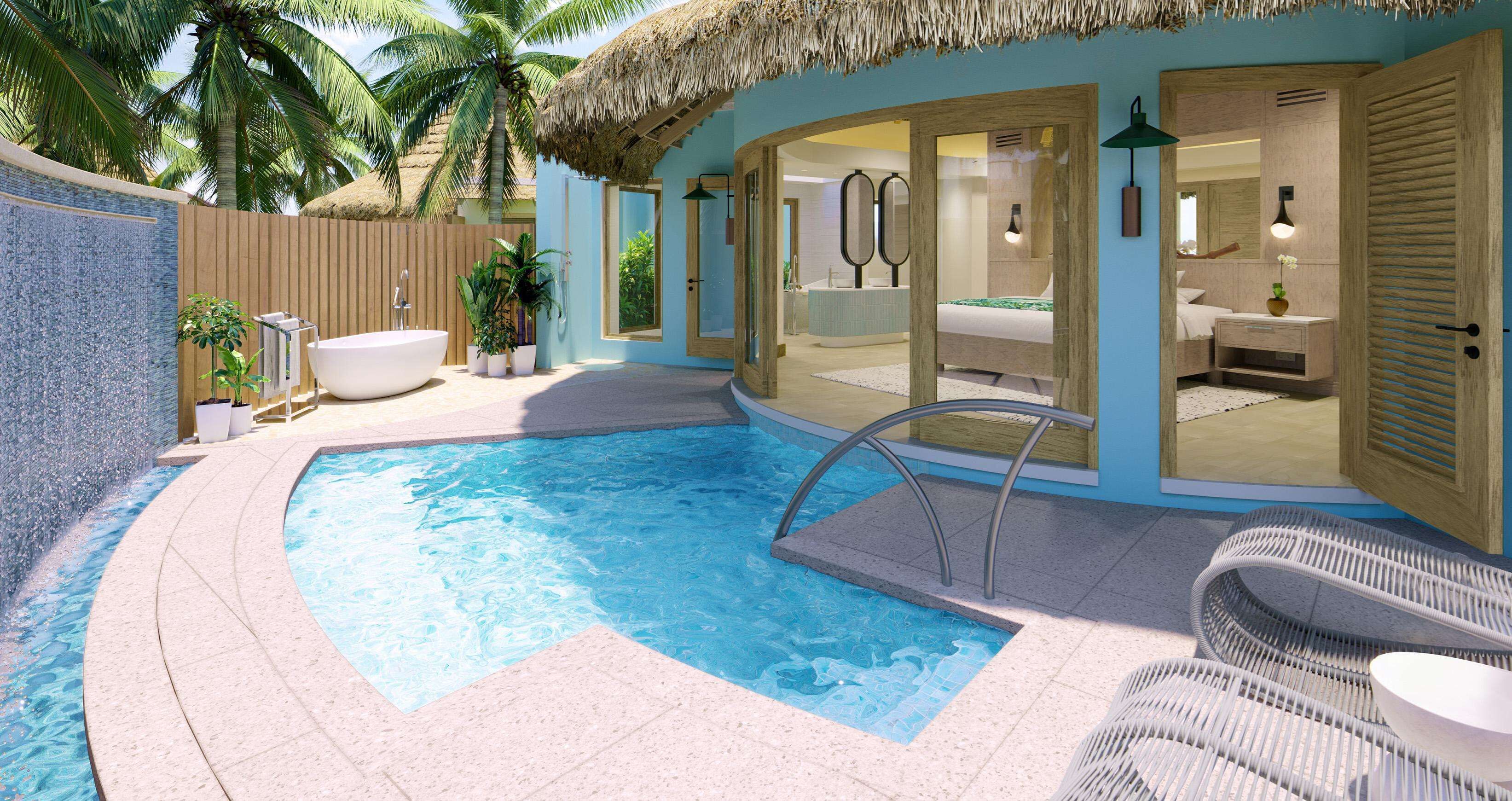A pool area with a hot tub, a lounge chair, and a wooden fence.