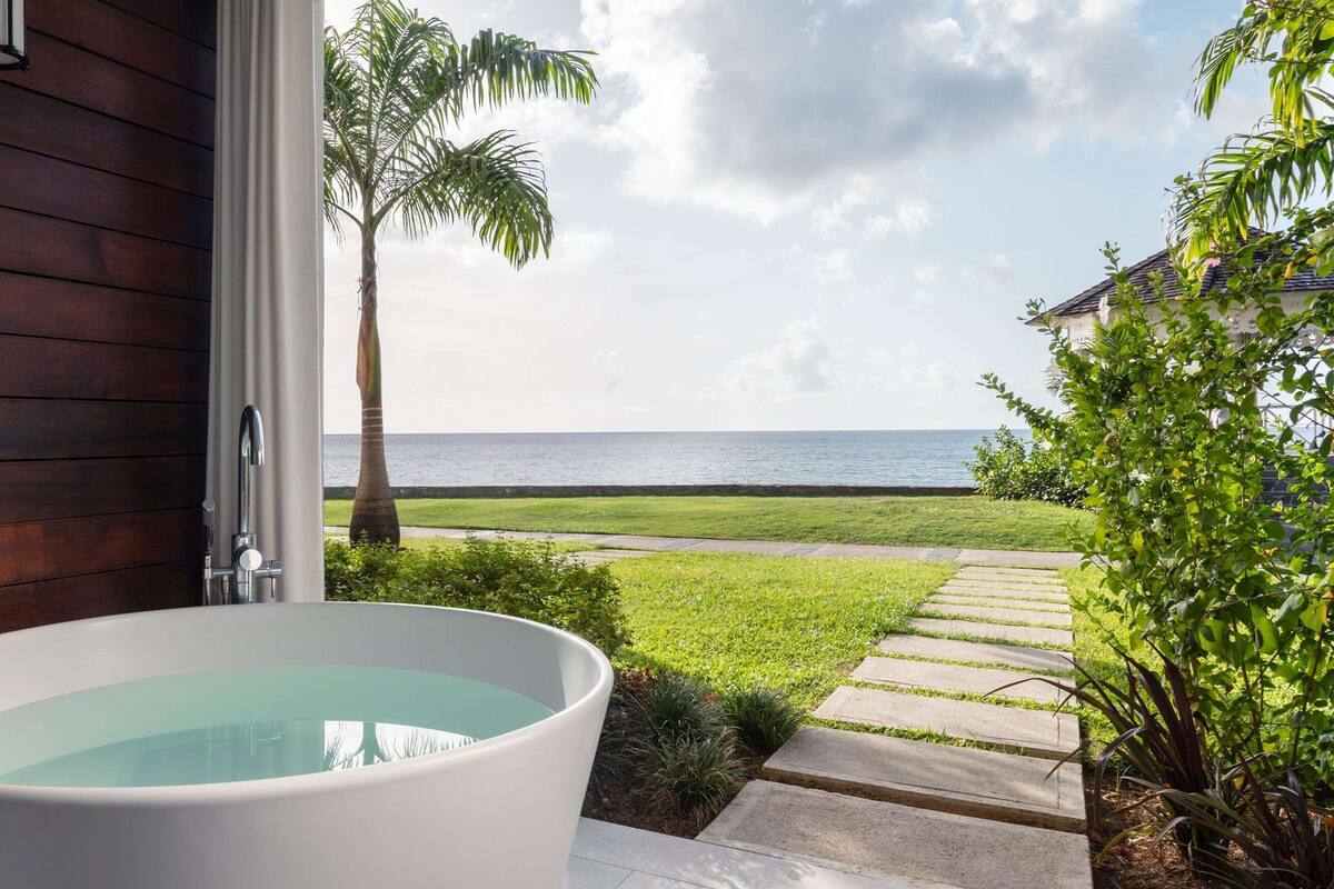 Un bain à remous avec vue sur l’océan et un palmier.