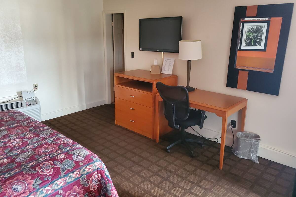 A hotel room with a bed, a desk with a chair, a television, a lamp, and a trash bin.