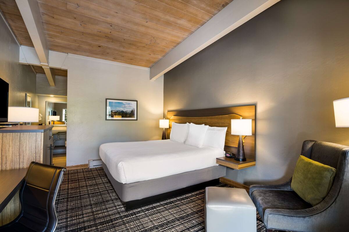 A hotel room with a bed, a desk, a chair, a nightstand, and a lamp.
