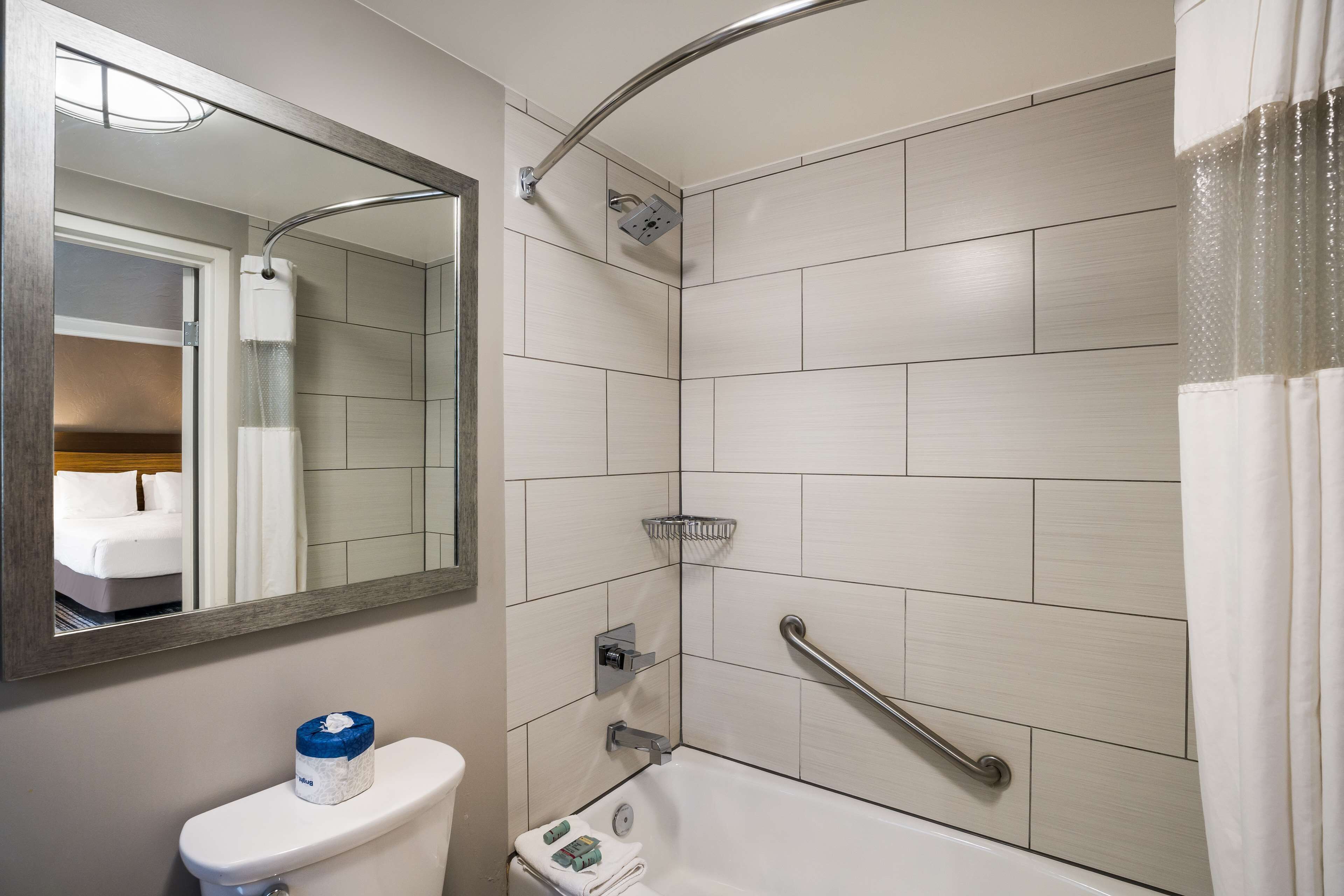 A bathroom with a toilet, a sink, a shower with a grab bar, and a mirror.