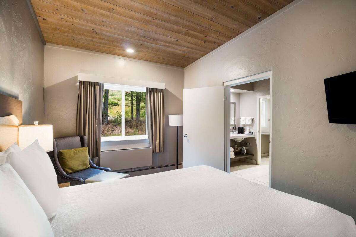 A hotel room with a large bed, a chair, a desk, a window with curtains, and a television mounted on the wall.