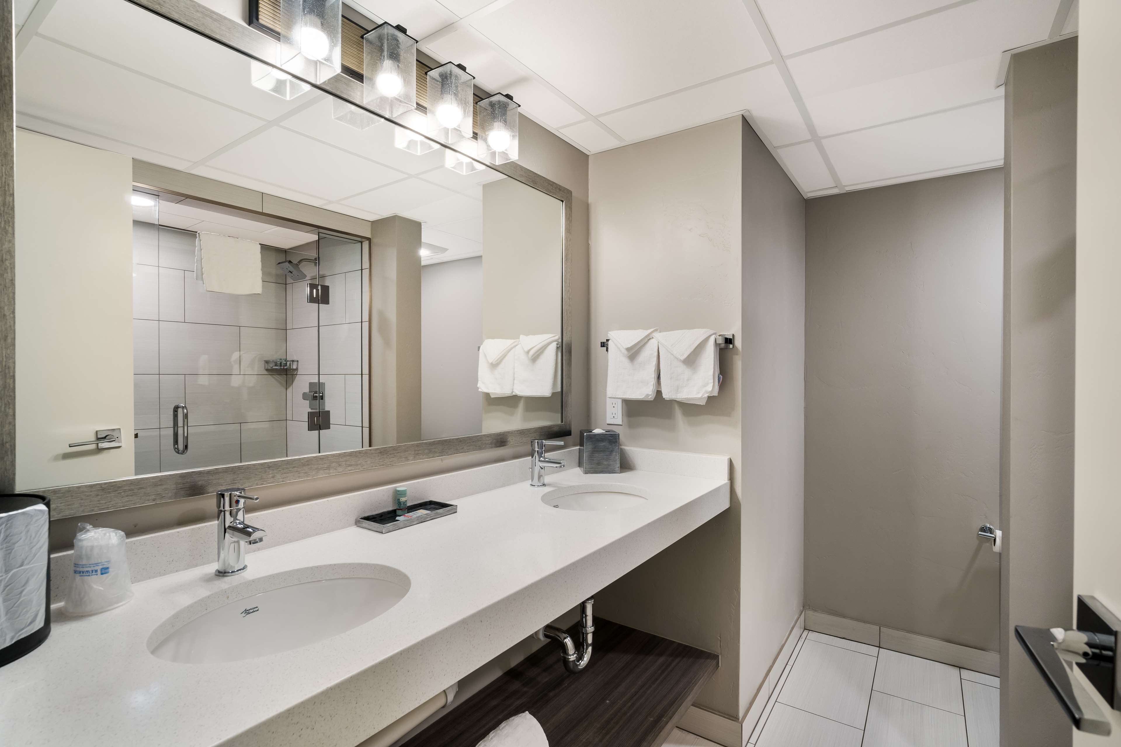 Une salle de bain moderne avec deux lavabos, un grand miroir et une douche.