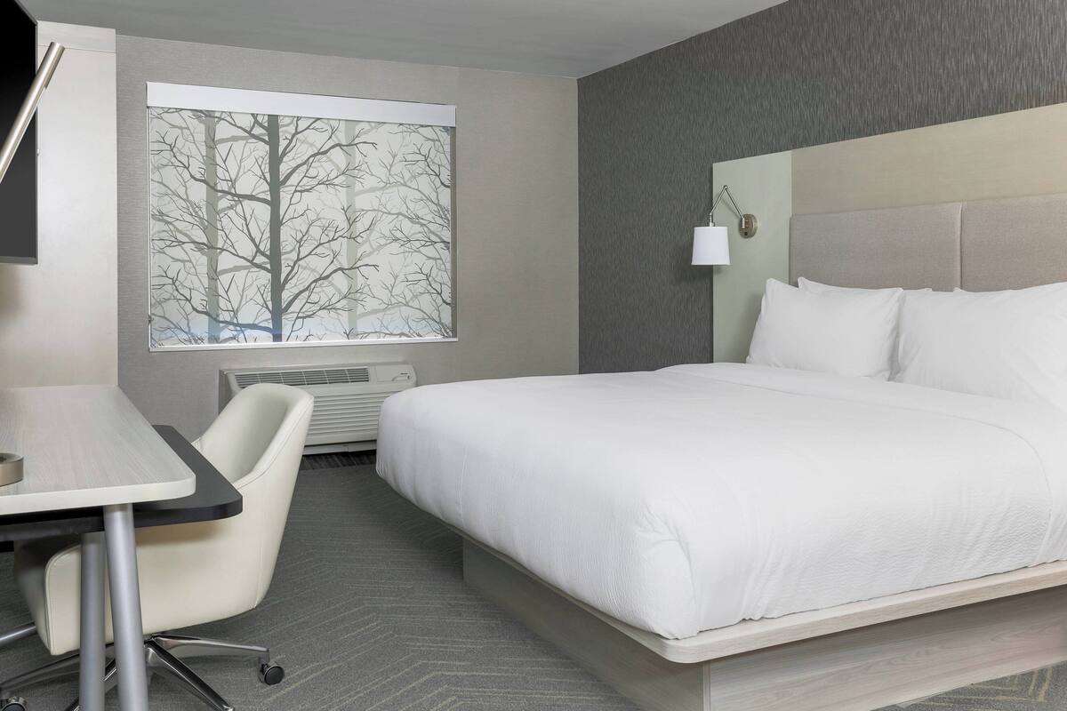 A hotel room with a bed, a desk, a chair, a window with a view of trees, and a wall-mounted lamp.