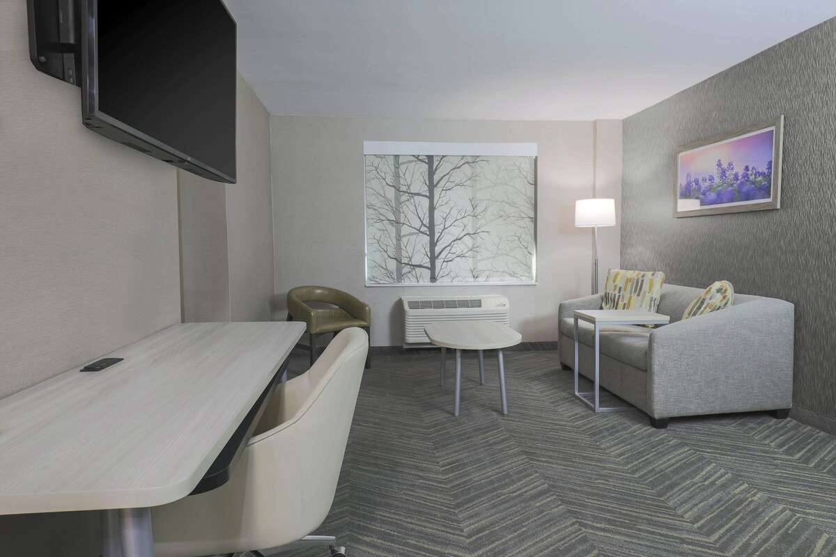A hotel room with a desk, a sofa, a chair, a TV mounted on the wall, a window with a tree view, and a painting on the wall.