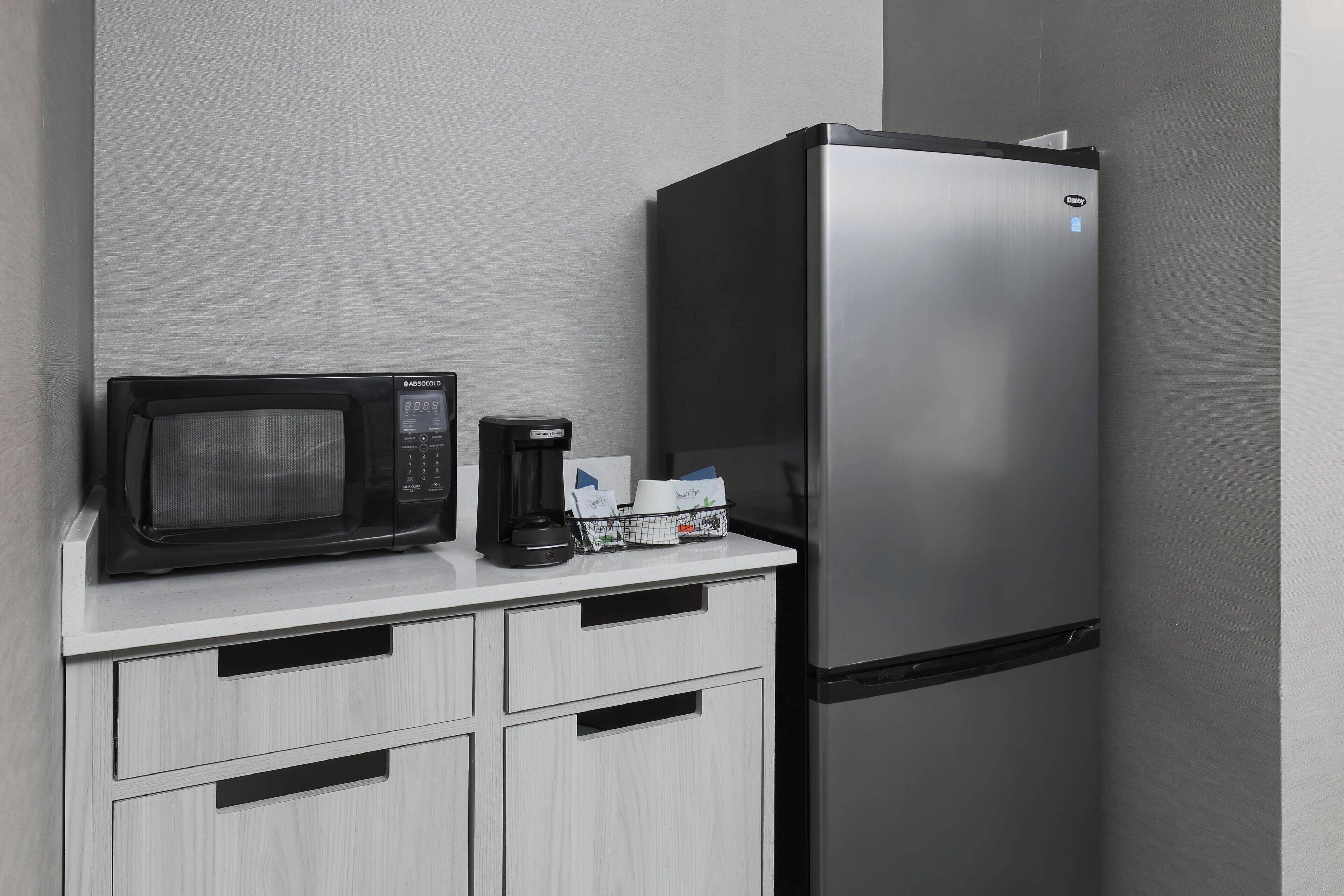 mini-fridge, microwave, coffee/tea maker