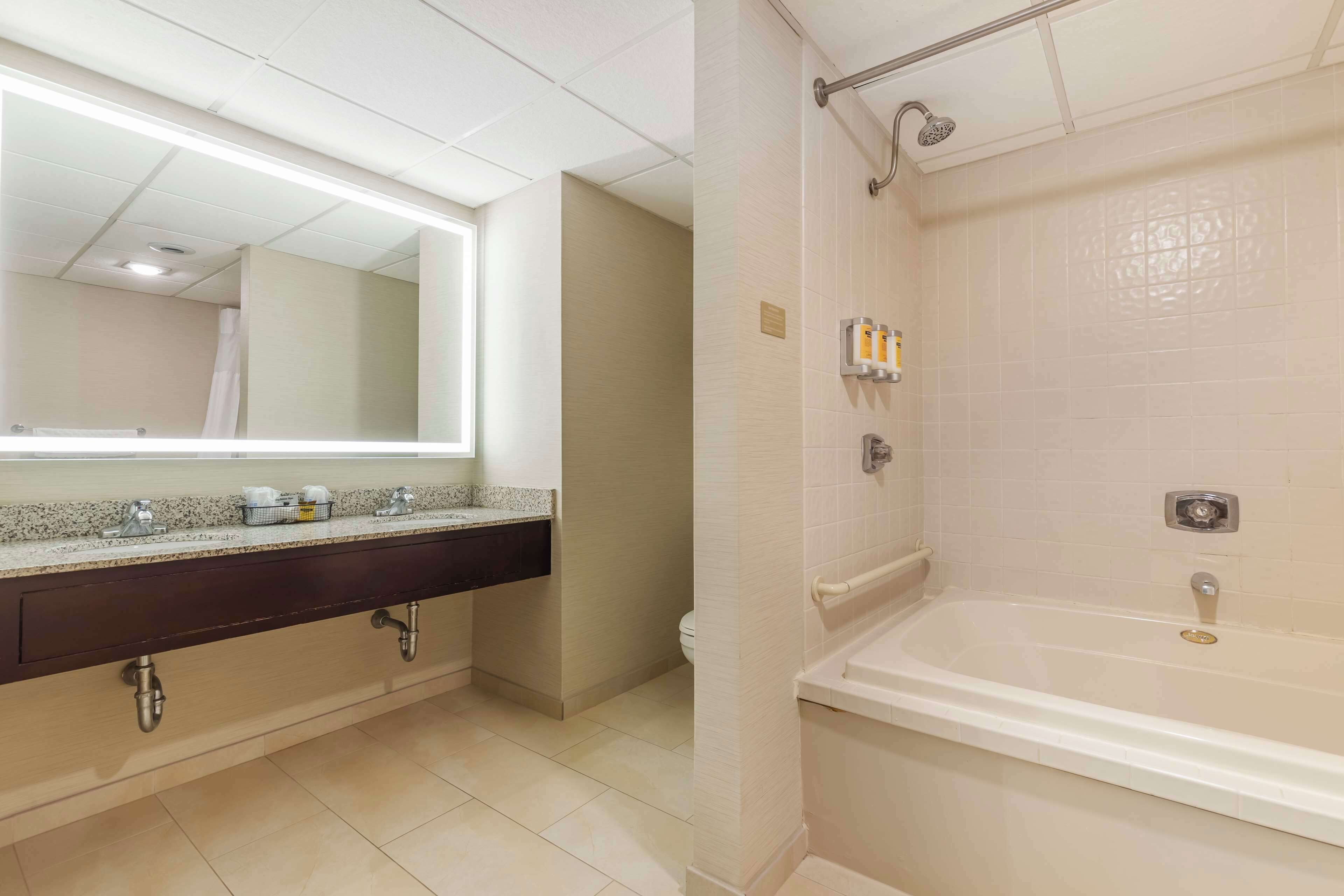 combined shower/bathtub, free toiletries, hair dryer, towels