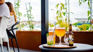 A table with drinks and a bottle, a person sitting on a chair, and plants in the background. - ibis Rennes Beaulieu (Cesson-Sevigne)