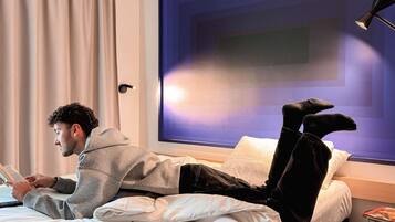 Premium bedding, desk, soundproofing, iron/ironing board