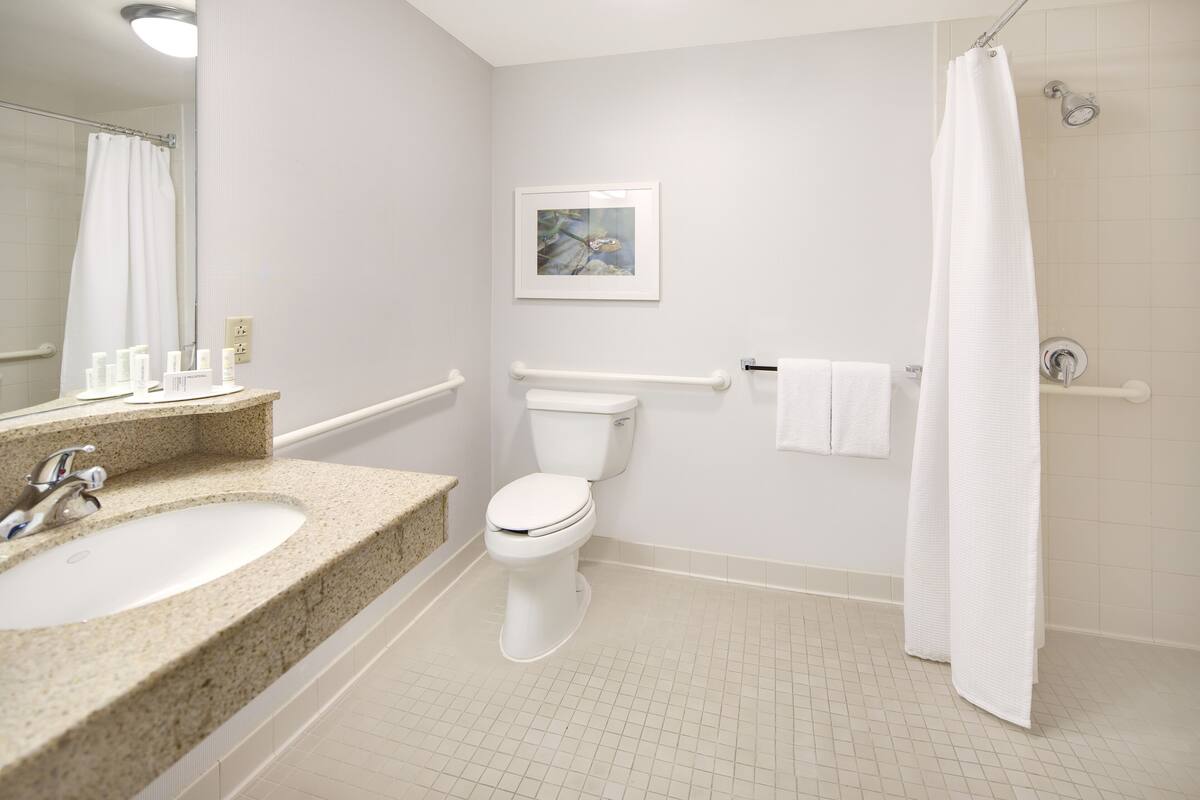 combined shower/bathtub, eco-friendly toiletries, hair dryer, towels