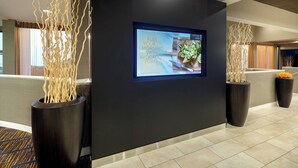 A modern reception area with a digital screen displaying an advertisement, two tall black planters with decorative branches, and a patterned carpet. - Courtyard by Marriott Addison Midway (Addison)
