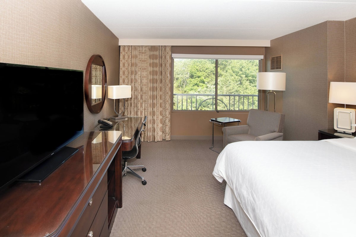 A hotel room with a bed, a desk with a chair, a television, and a window with a view of trees.