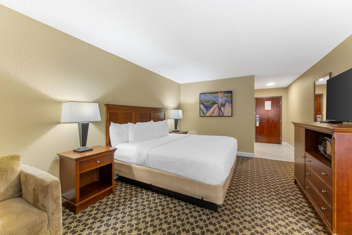 A hotel room with a bed, a desk, a chair, a television, and a painting on the wall.