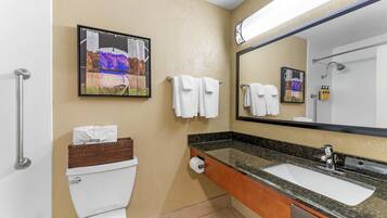A bathroom with a toilet, a sink, a mirror, and a picture on the wall.