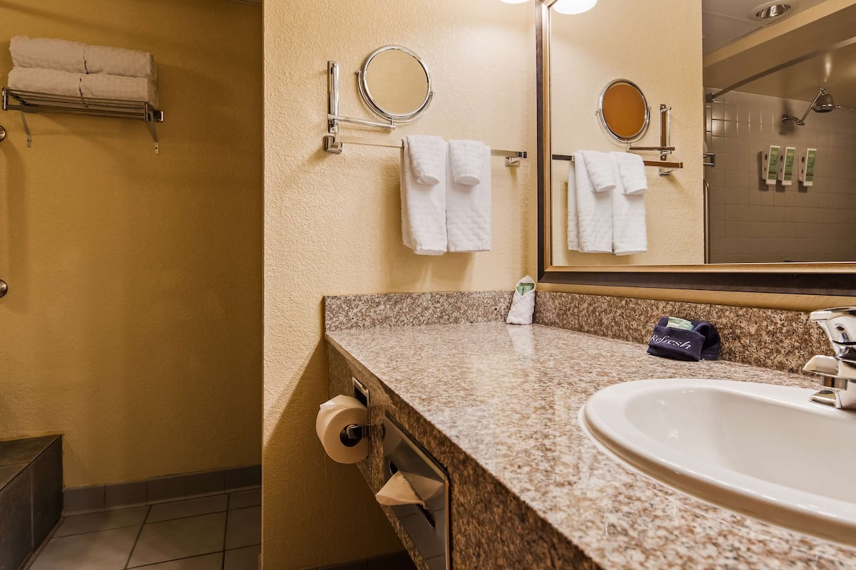 suite, 1 king bed, non smoking, jetted tub (oversized room) | bathroom | combined shower/bathtub, free toiletries, hair dryer, towels