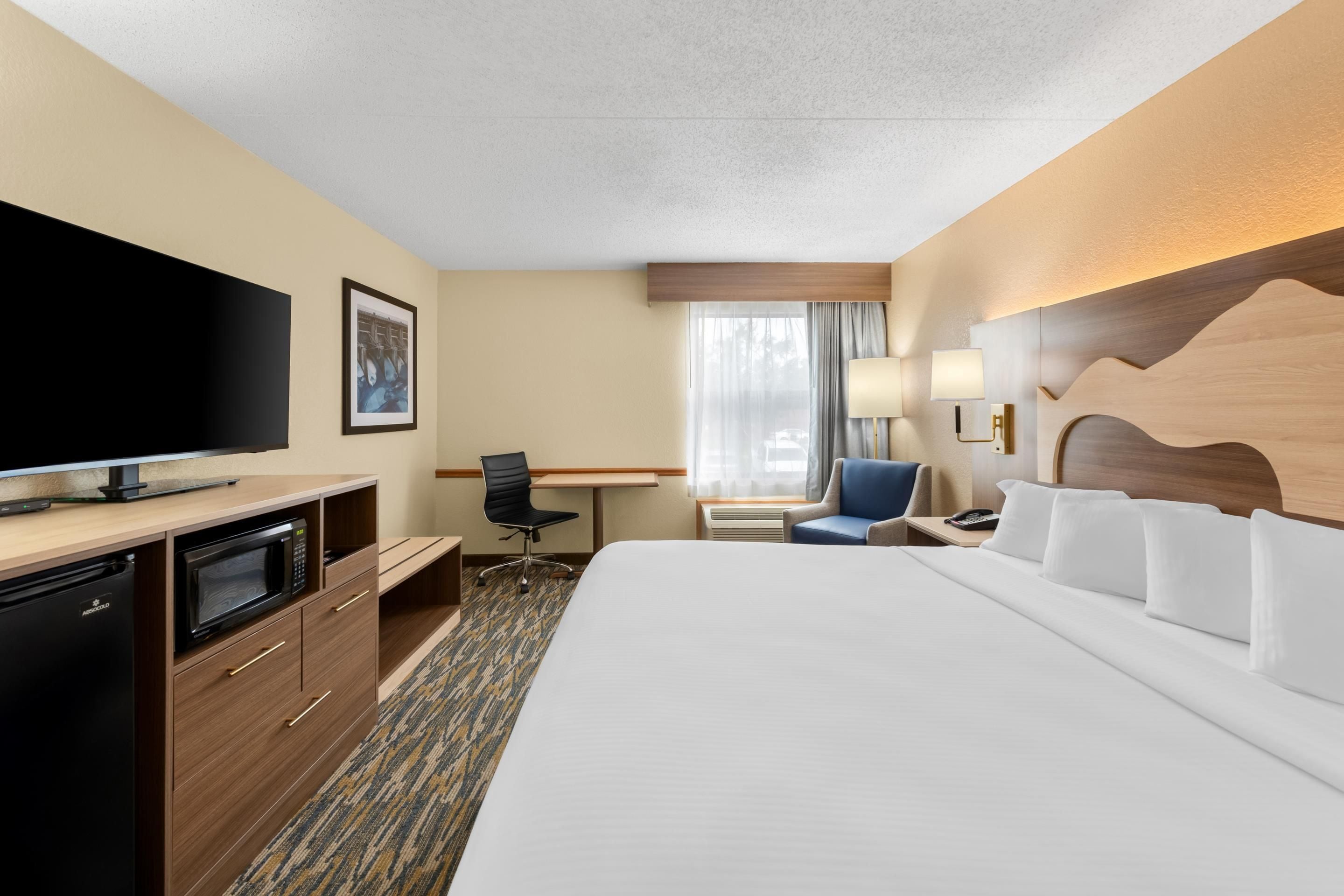 A hotel room with a large bed, a desk, a chair, a television, and a wall-mounted lamp.