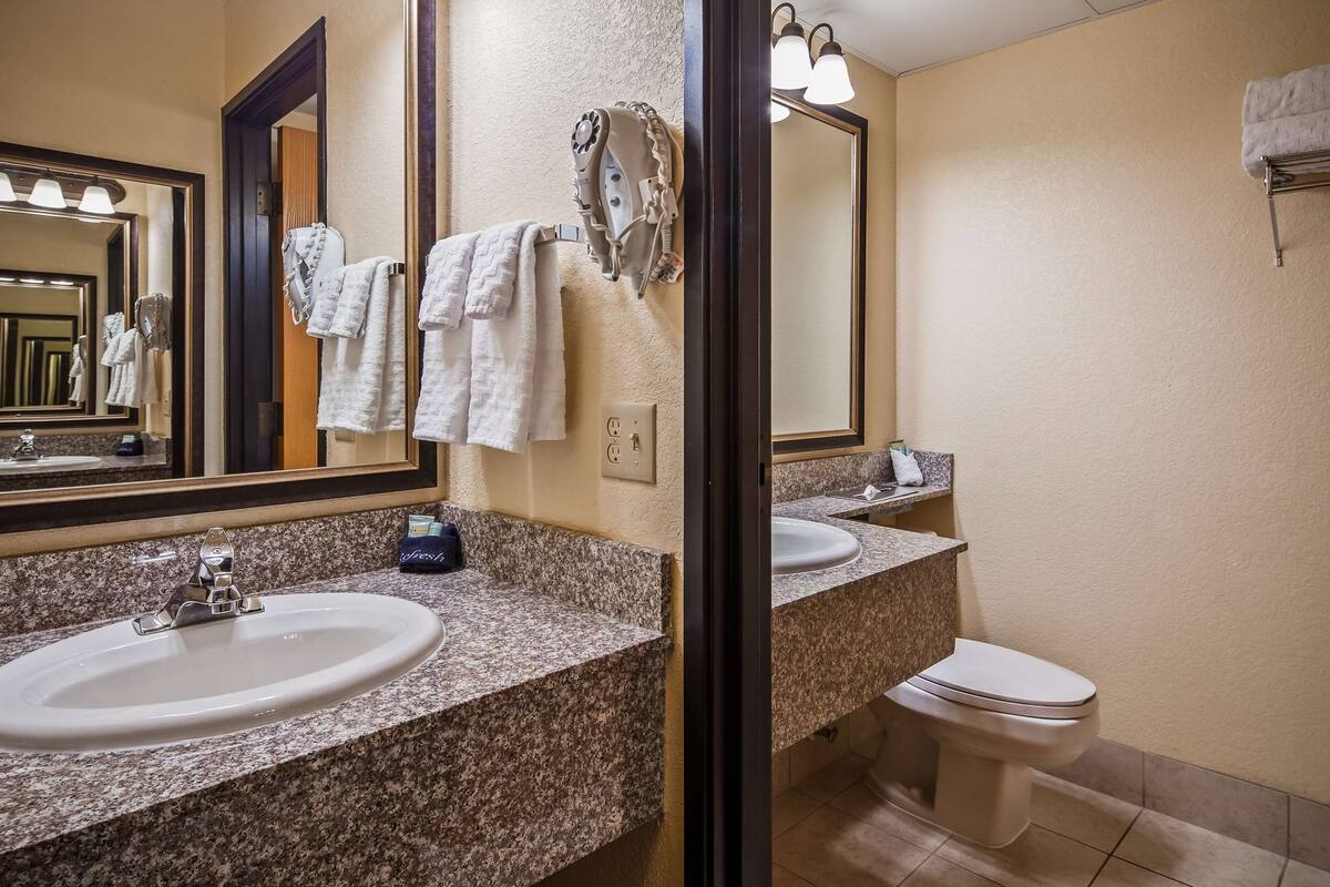 combined shower/bathtub, free toiletries, hair dryer, towels