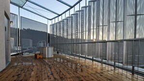 Ein modernes Zimmer mit Holzboden, großen Fenstern und Metallgitterelementen.
