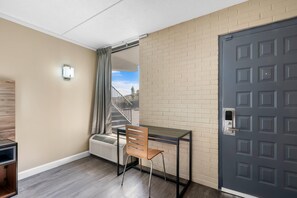 Down duvets, desk, blackout curtains, iron/ironing board