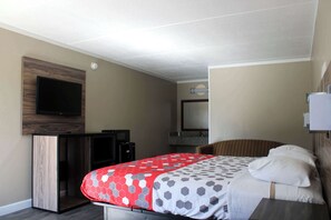 Down comforters, desk, blackout drapes, iron/ironing board