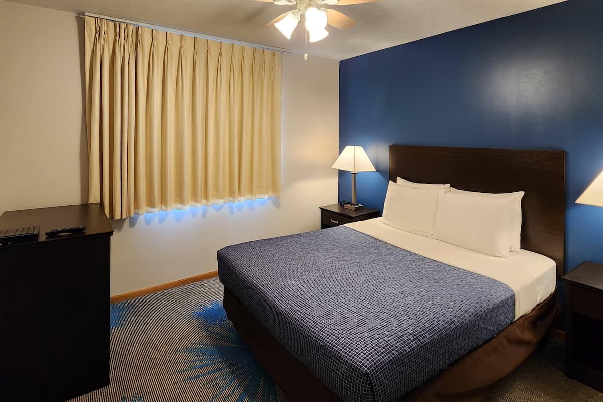 A hotel room with a bed, a desk, a lamp, and a ceiling fan.