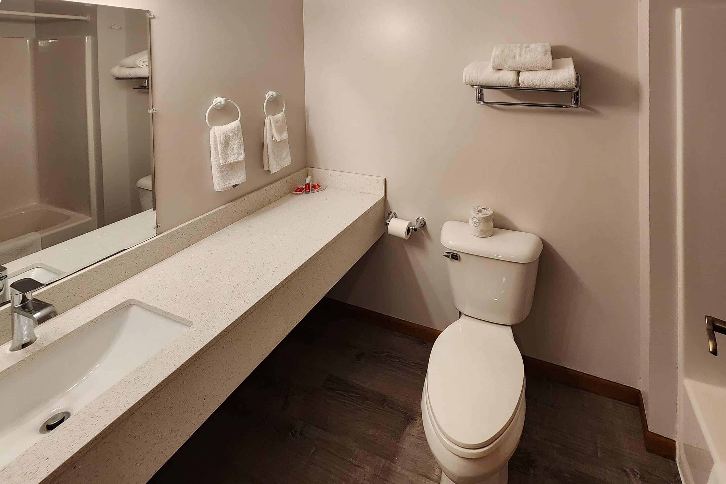 Une salle de bain équipée d’un lavabo, de toilettes et d’un espace douche.
