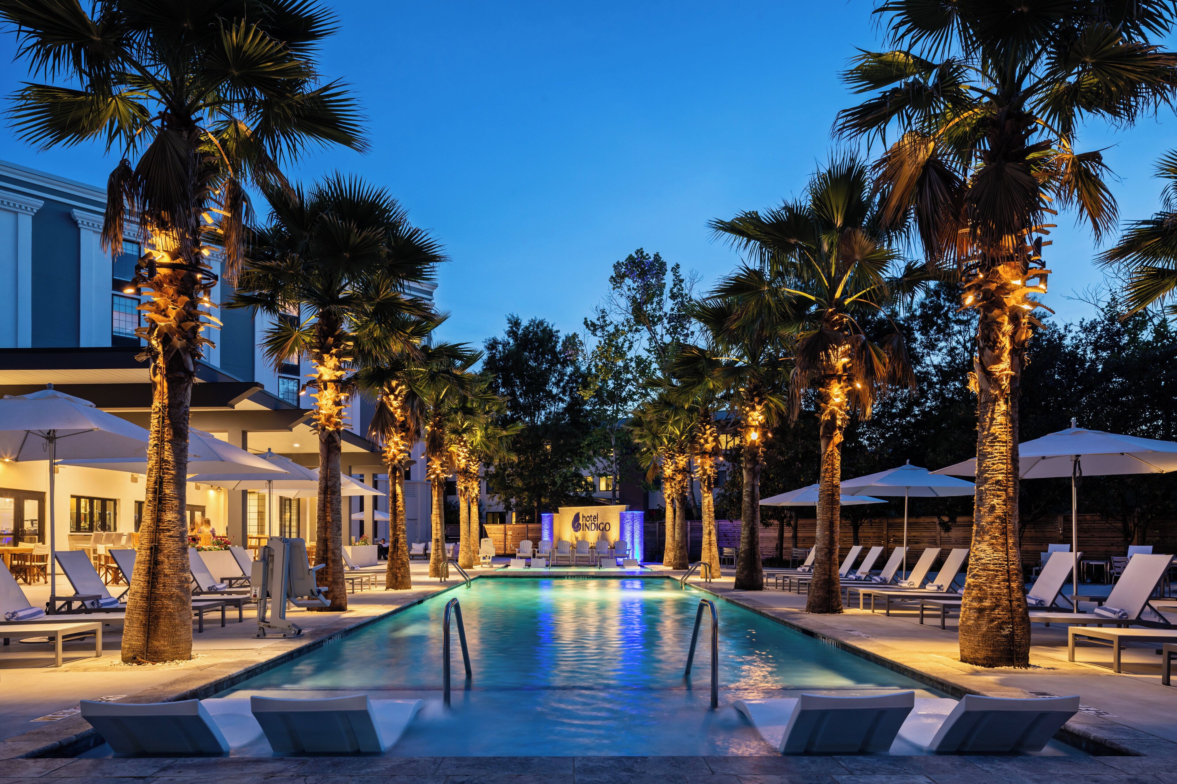 A pool area with lounge chairs and palm trees, surrounded by a building with a sign that reads 'hotel indigo'.
