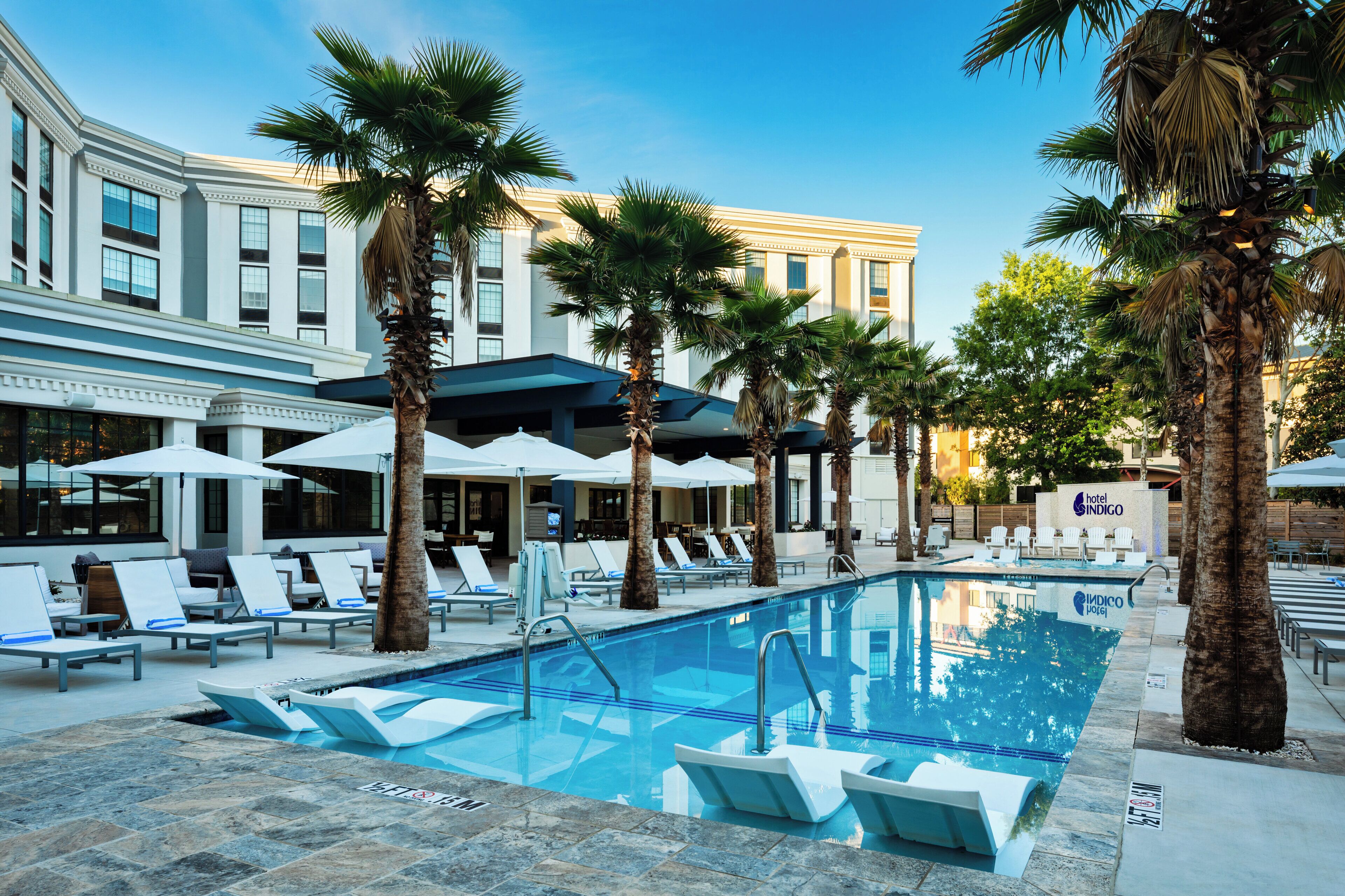 A hotel pool area with lounge chairs, umbrellas, and palm trees.