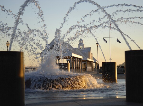 A waterfront scene with a building featuring a clock tower, a flag, and a fountain.