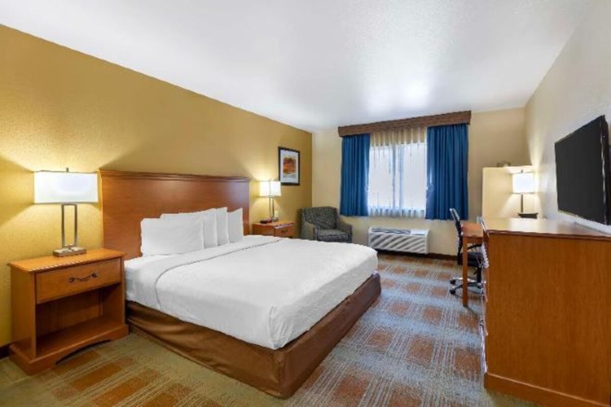 A hotel room with a bed, bedside tables, a desk, a chair, and a television.