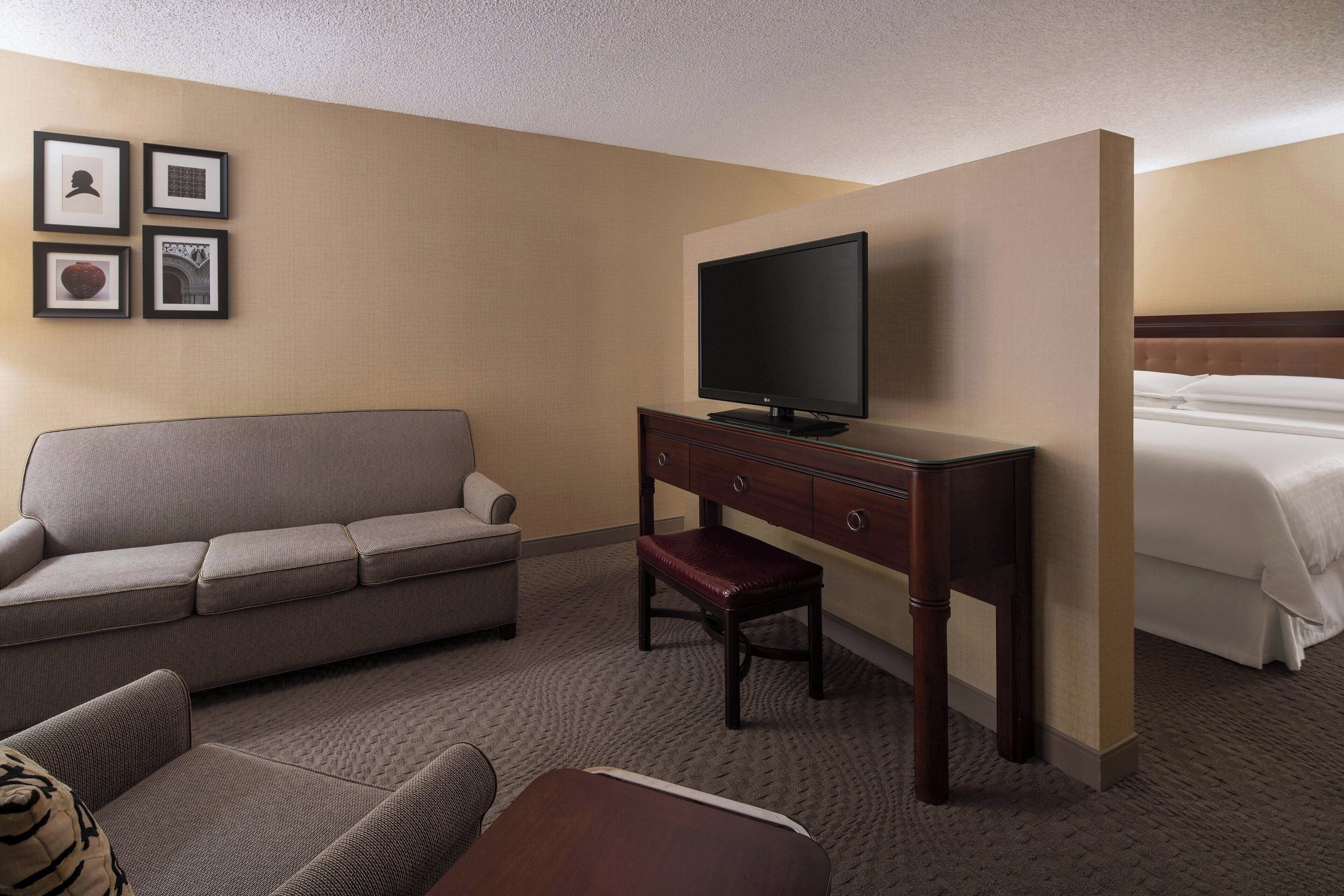 Una habitación de hotel con sofá, televisión sobre un mueble de madera, una mesita y una cama.
