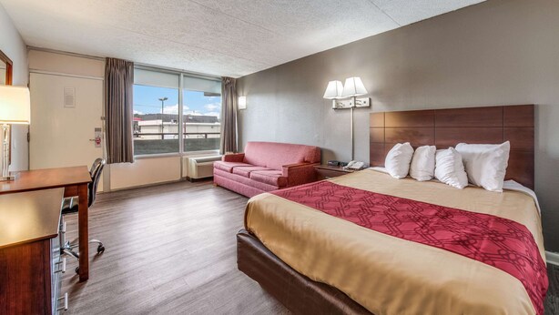 A hotel room with a large bed, a desk, a chair, a sofa, and a window with curtains. - Econo Lodge (Eden)