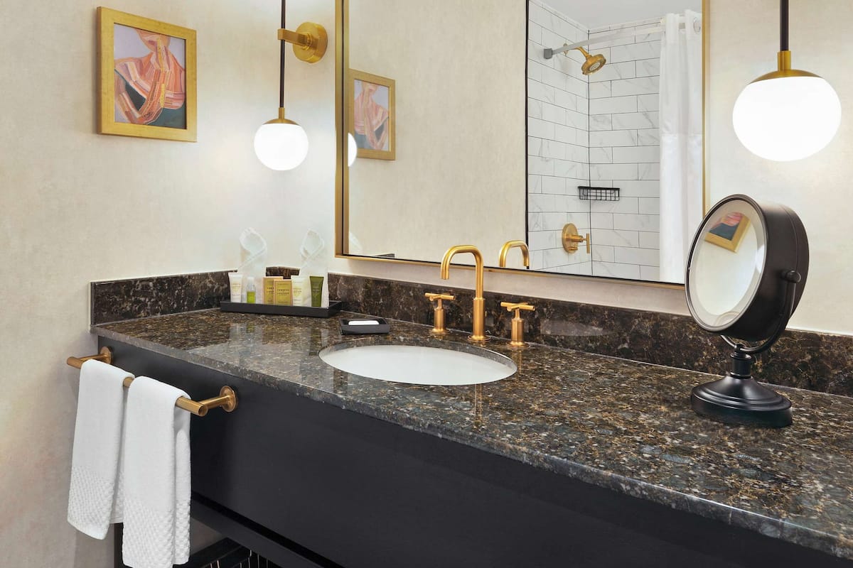 combined shower/bathtub, eco-friendly toiletries, hair dryer, towels