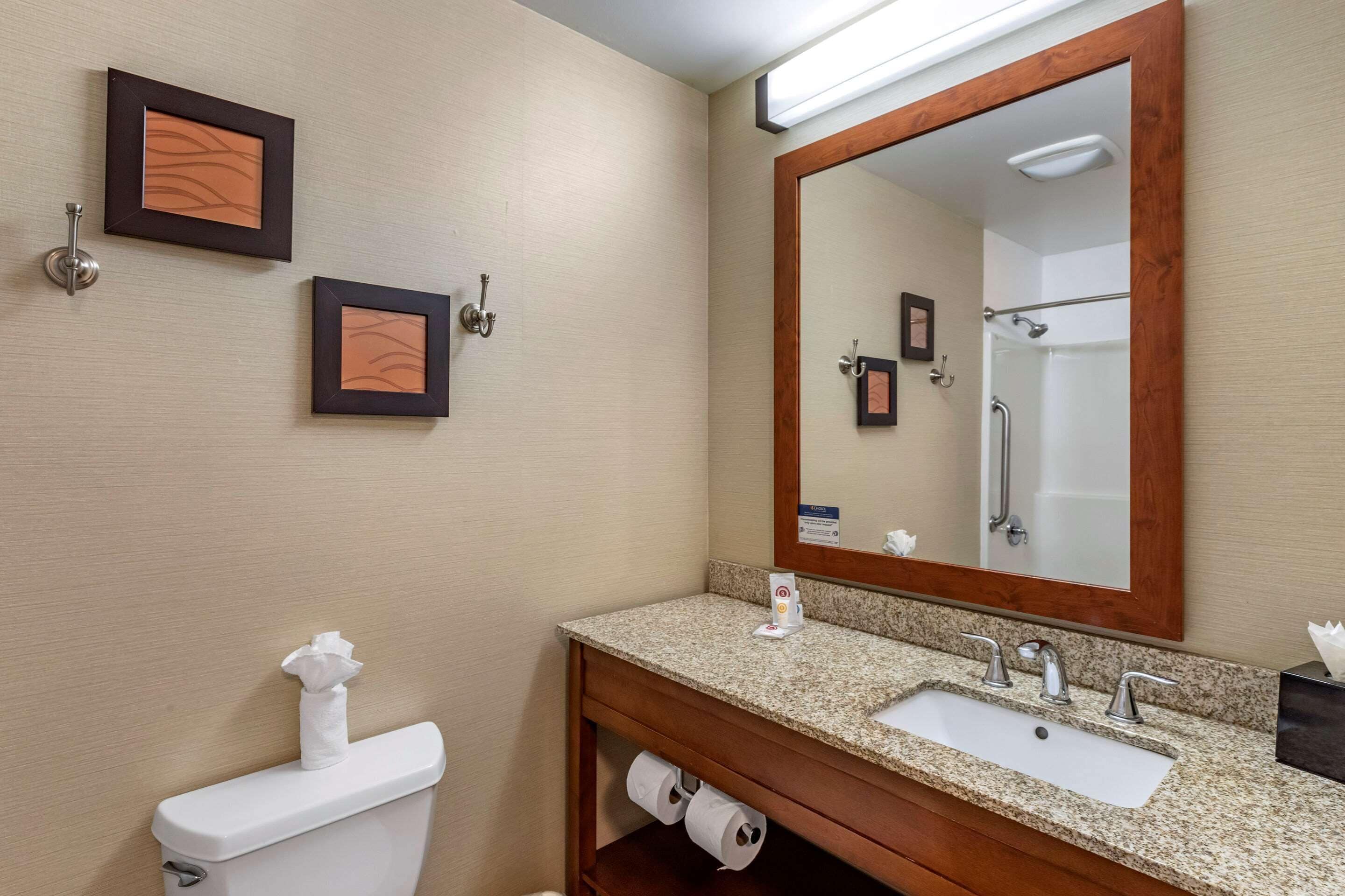 Une salle de bain avec un lavabo, des toilettes et un miroir. Deux tableaux encadrés sont accrochés au mur, et un rouleau de papier toilette se trouve sous le lavabo.