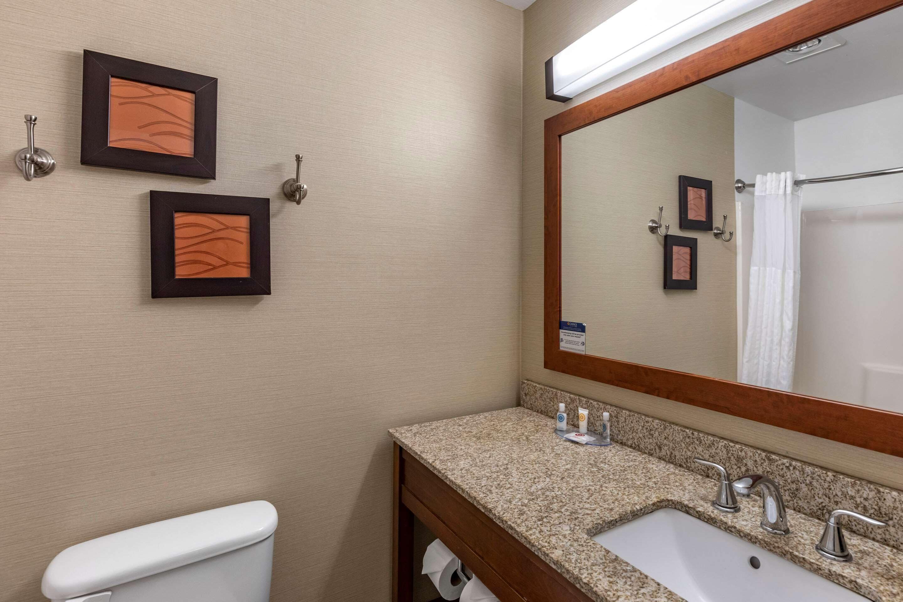 Une salle de bain avec des toilettes, un lavabo et un miroir. Trois tableaux encadrés sont accrochés au mur.