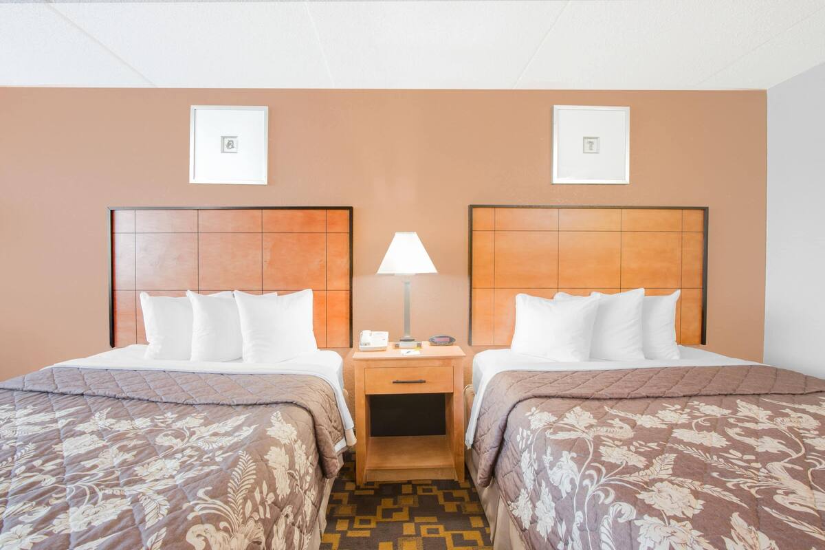 A hotel room with two beds, a nightstand with a lamp, and a patterned carpet.
