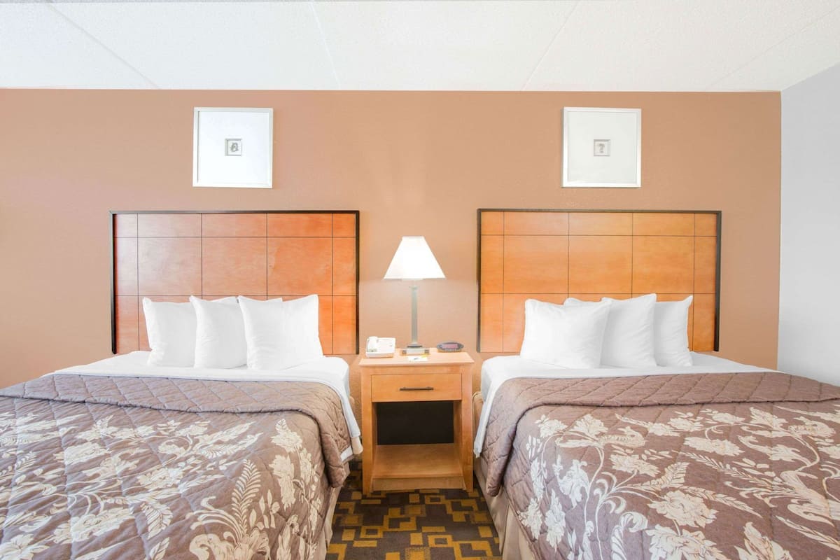 A hotel room with two beds, a nightstand, a lamp, and a patterned carpet.
