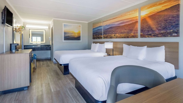 Ein Hotelzimmer mit zwei Betten, einem Schreibtisch, einem Stuhl, einem Fernseher und Bildern an der Wand.