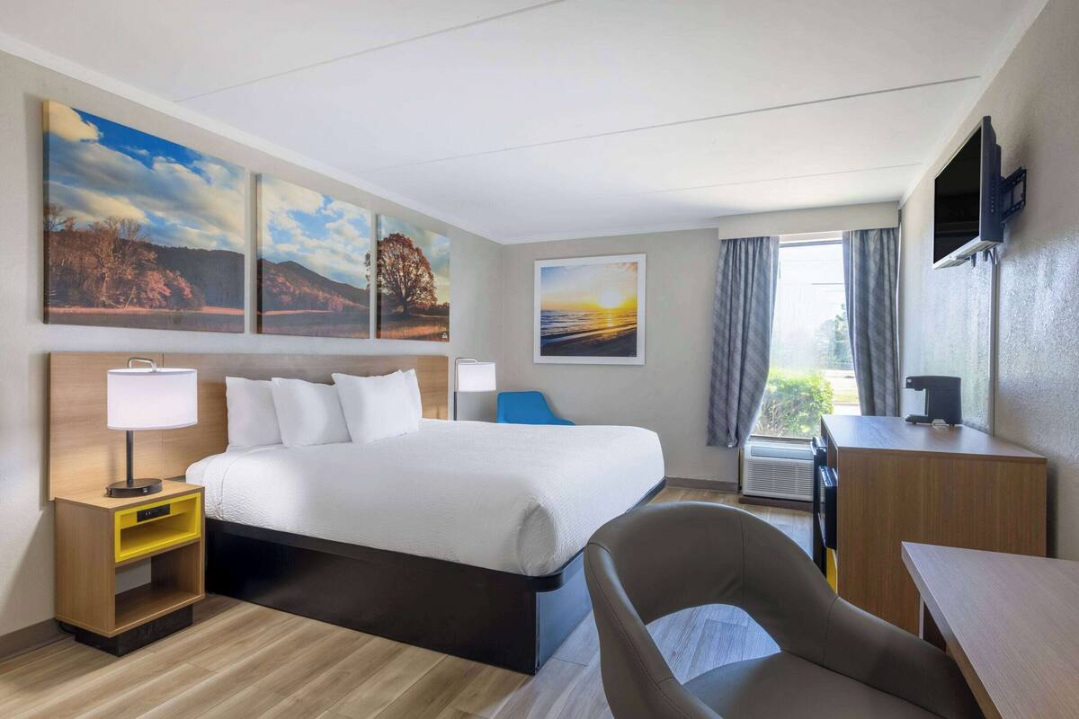 Une chambre d’hôtel avec un lit, un bureau, une chaise, une lampe, une télévision et des œuvres d’art accrochées aux murs.