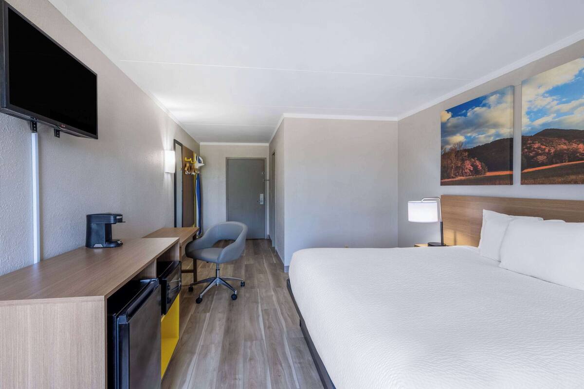 Une chambre d’hôtel avec un lit, un bureau doté d’un téléviseur à écran plat, une chaise, une lampe et un tableau au mur.