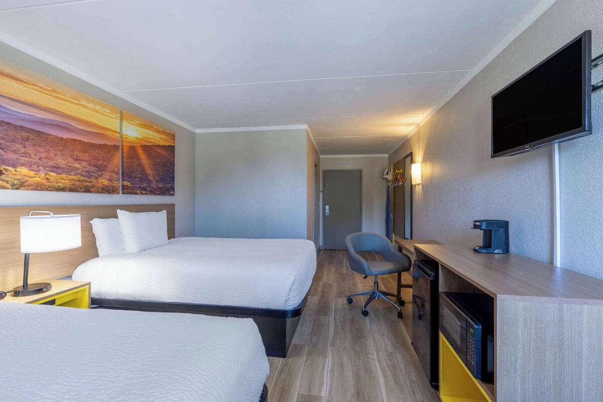 Une chambre d’hôtel avec deux lits, un bureau avec une chaise, une télévision et un tableau au mur.