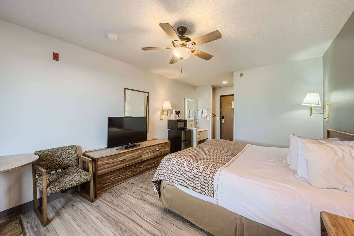 A hotel room with a bed, a TV, a desk, a chair, and a ceiling fan.