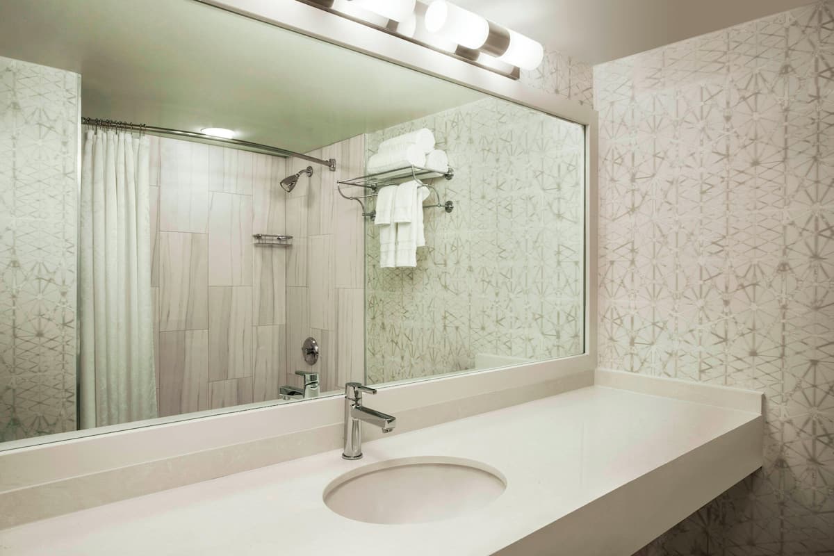 combined shower/bathtub, eco-friendly toiletries, hair dryer, bathrobes