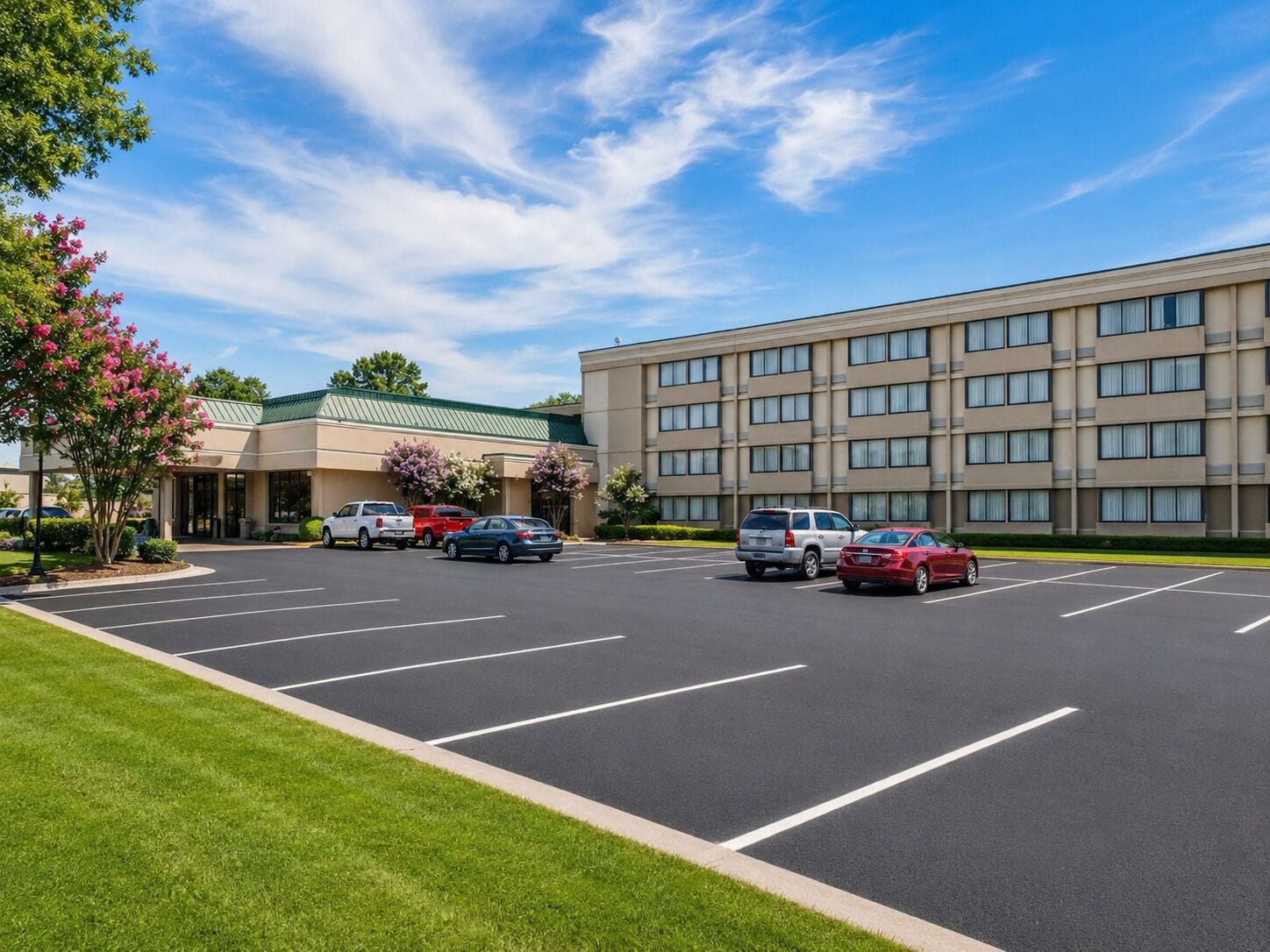 A hotel with a parking lot, a building with a green roof, and pink flowering trees.