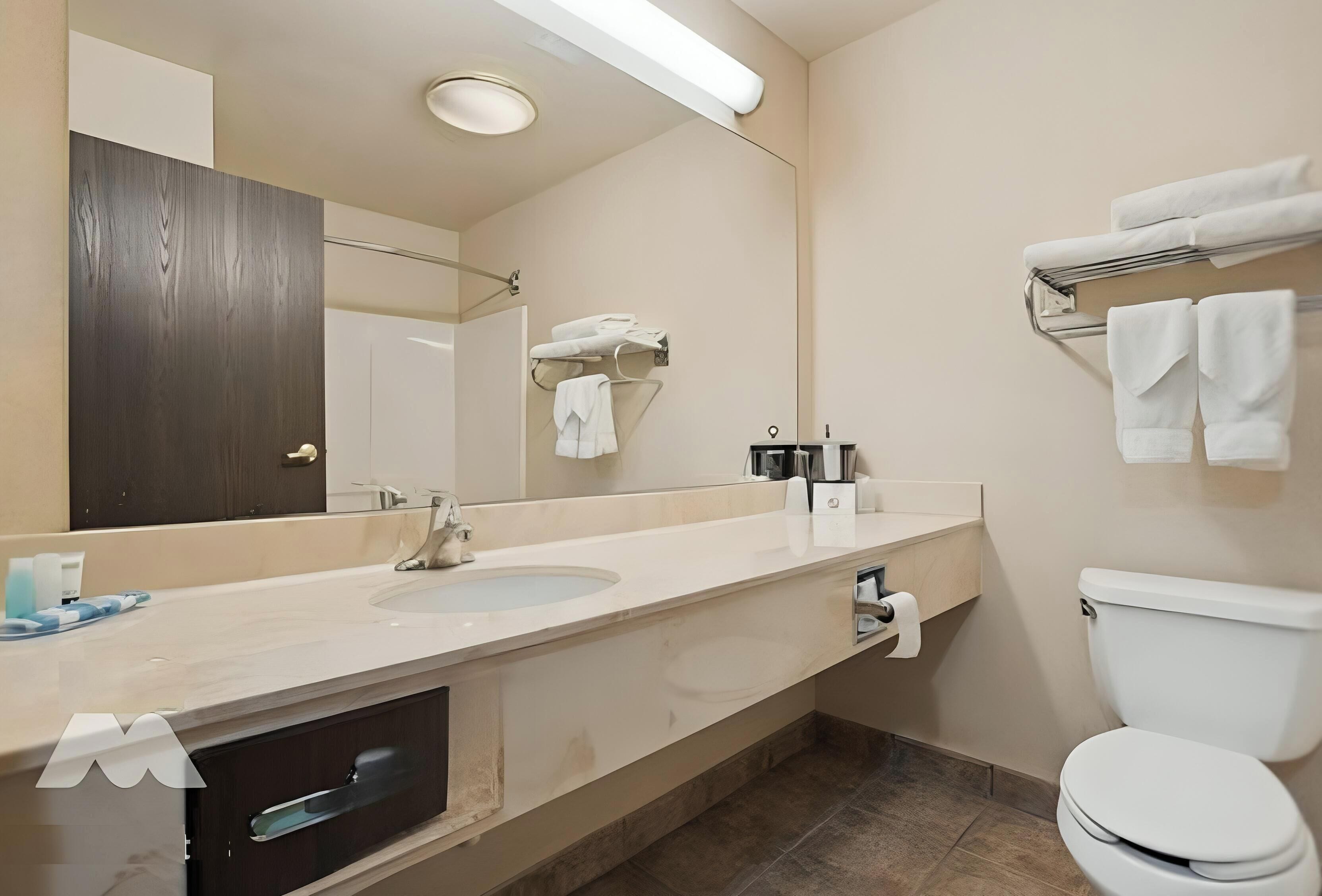 A modern bathroom with a double sink, a toilet, and a towel rack.
