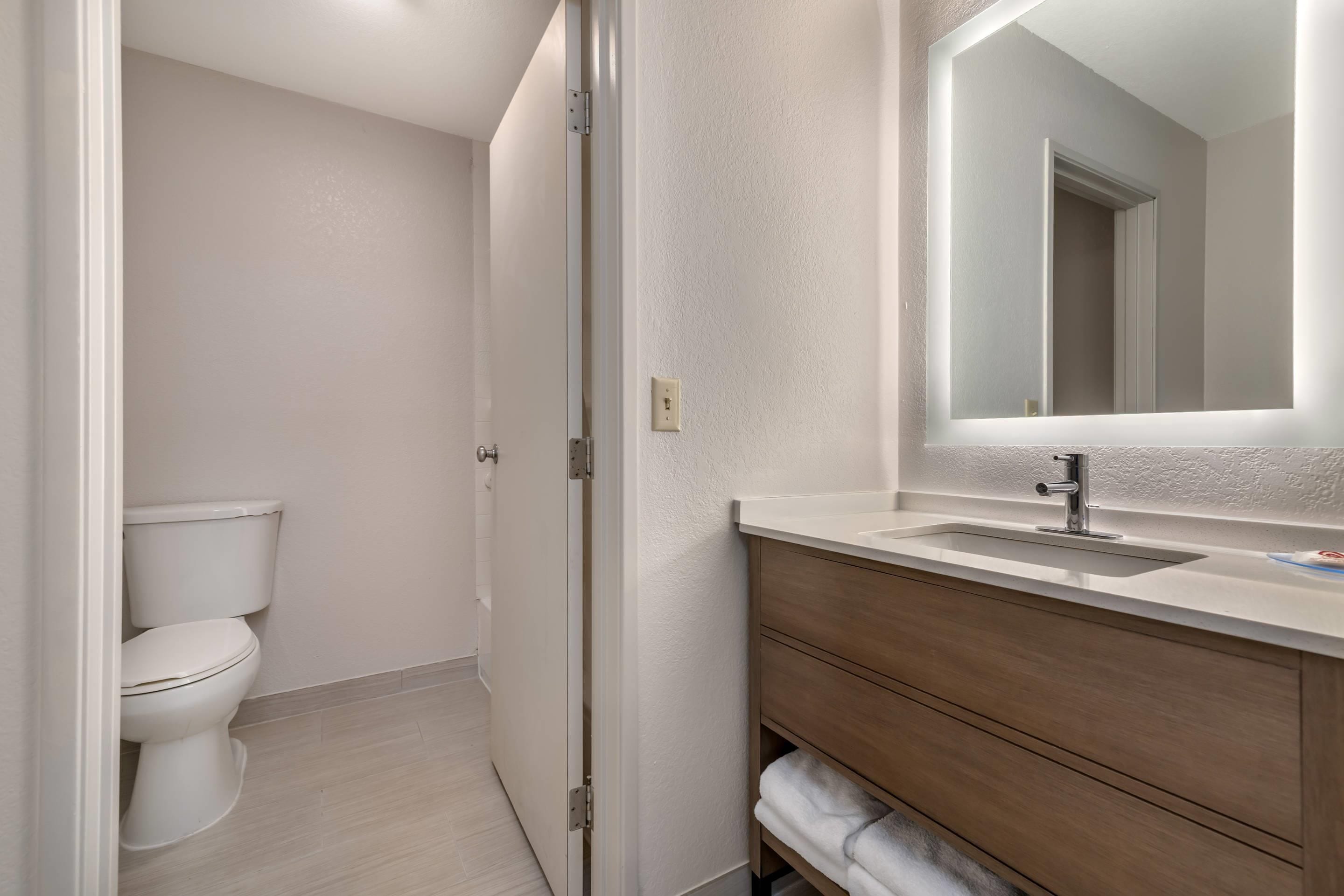 Une salle de bain avec des toilettes, un lavabo et un miroir.